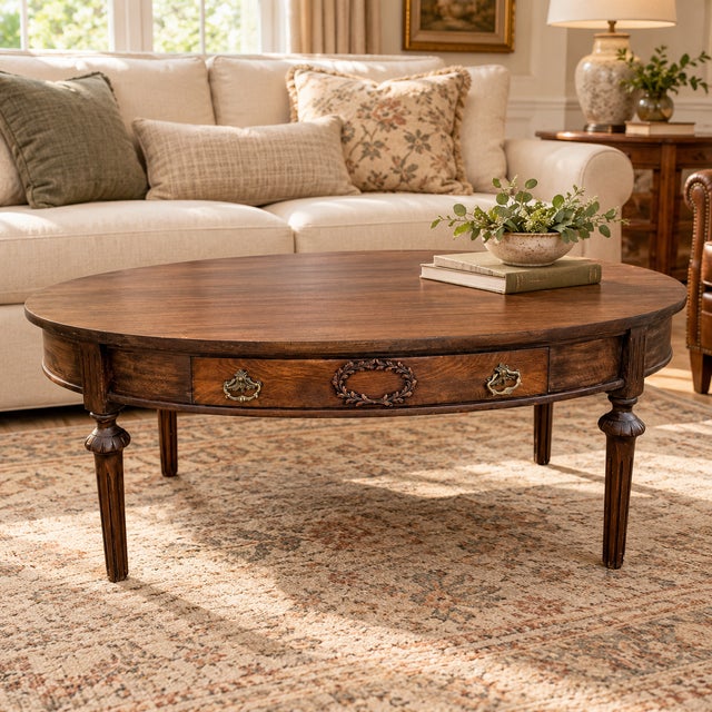 This vintage oval coffee table combines rich wood grain, useful concealed storage, and elegant traditional detailing....