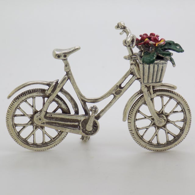 Vintage Italian Handmade Genuine Silver Bicycle With Flower Basket Figurine, Dollhouse Miniature, Made in Tuscany (Arezzo) For Sale - Image 4 of 9