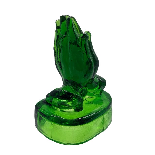 Mid-Century Modern Vintage Emerald Green Pressed Glass Praying Hands Sculpture For Sale - Image 3 of 11