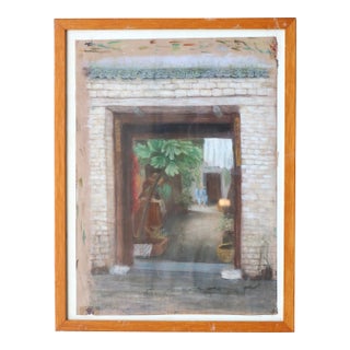 Backyard Vintage Framed Original Pastel on Paper Painting Drawing Fine Art For Sale