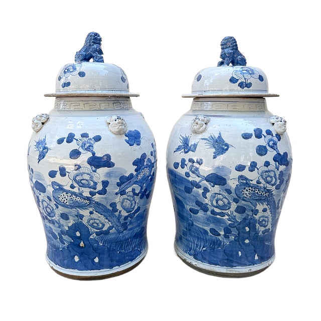 Chinoiserie Extra Large Flowers and Birds Chinoiserie Pottery Ginger / Temple Jars - A Pair For Sale - Image 3 of 5