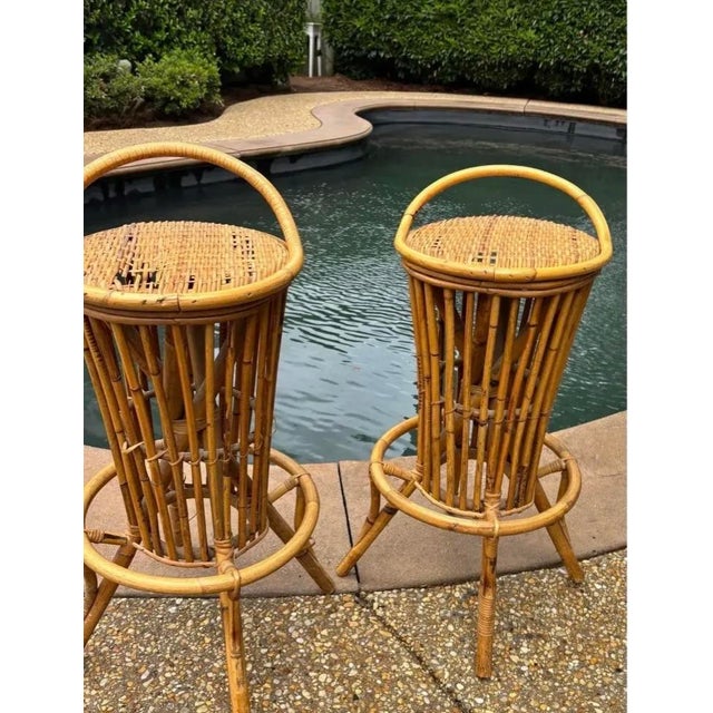 Wood Mid 20th Century Italian Bamboo Rattan Tiki Style Barstools, a Pair, Attributed to Tito Angoli For Sale - Image 7 of 7