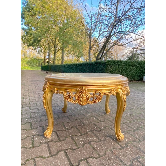Vintage 1960s French Louis XVI Gilded Beech Coffee Table With Beige Marble Top For Sale - Image 11 of 12