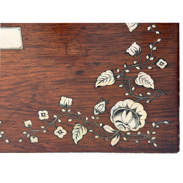 Brown Late 19th Century Rose Wood Box With Inlaid Mother of Pearl Floral Motive on a Mahogany Handmade Four Leg Stand For Sale - Image 8 of 13