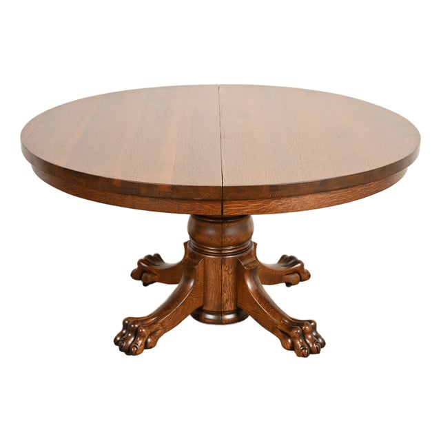 R. J. Horner Style Antique Victorian Carved Oak Split Pedestal Extension Dining Table With Lion Paw Feet | Newly Refinished For Sale