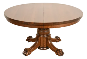 R. J. Horner Style Antique Victorian Carved Oak Split Pedestal Extension Dining Table With Lion Paw Feet | Newly Refinished