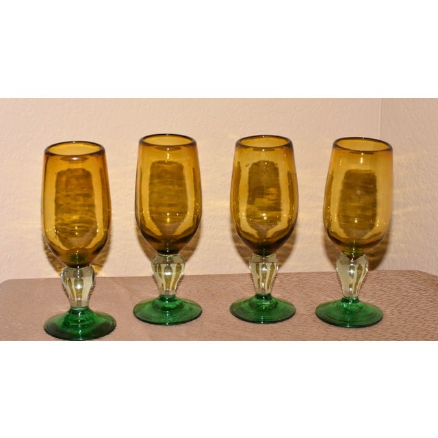 4 – Cocktail Goblets Made in Mexico Hand Blown Amber Glass Barware, Stemware This Absolutely Gorgeous, Collectible And...