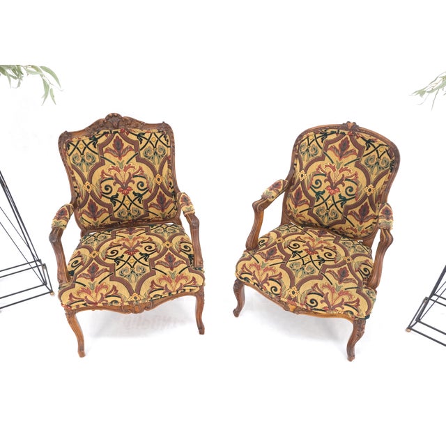 Pair of His & Hers Finely Carved Walnut Country French Lounge Armchairs Tapestry For Sale - Image 16 of 16