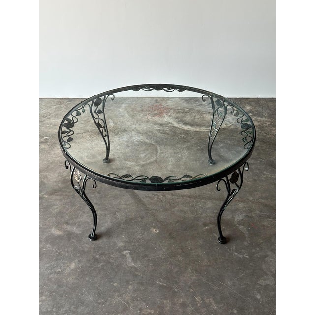 Woodard Furniture Co. Black Wrought Iron Rose Patio Coffee Table With Round Glass Top by Woodard, Mid-20th Century For Sale - Image 4 of 14