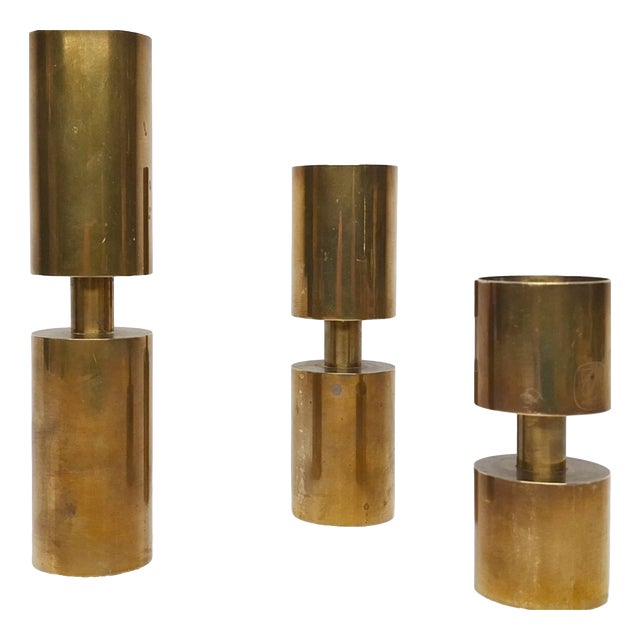 Scandinavian Candlesticks in Brass by Thelma Zoega, Sweden, 1976, Set of 3 For Sale