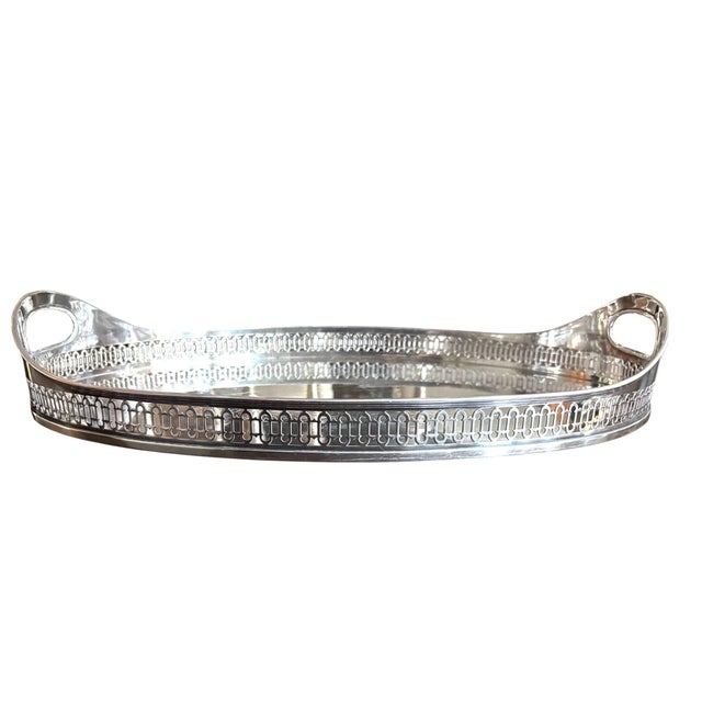 Art Deco Antique European Sterling Silver Oval Gallery Tray 18” For Sale - Image 3 of 12