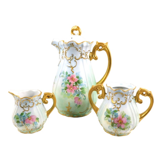 1940s Pale Blue Signed Hand Painted Teapot Sugar Bowl and Creamer Set For Sale