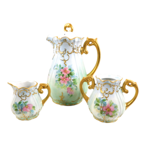 1940s Pale Blue Signed Hand Painted Teapot Sugar Bowl and Creamer Set