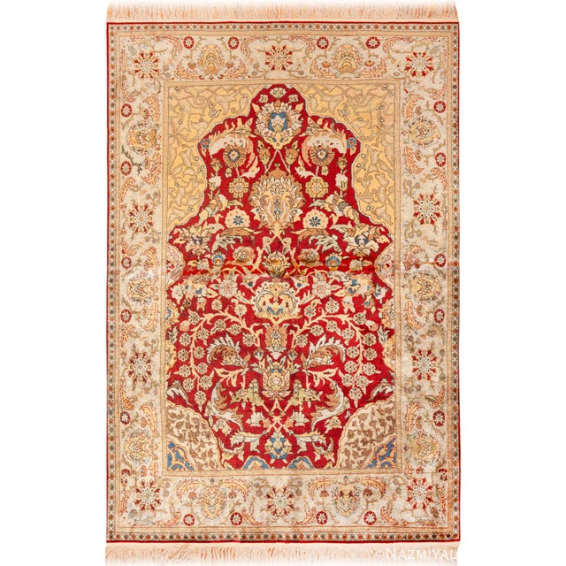 Gorgeous Vintage Turkish Silk Hereke Prayer Rug, Country of Origin: Turkey, Circa Date: Vintage