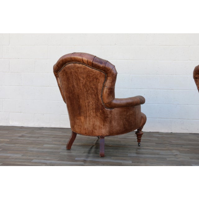 Pair of Vintage 1980s Distressed Brown Leather Tufted Library Armchairs For Sale - Image 13 of 18