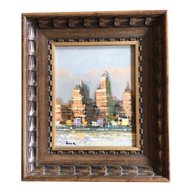 Original Vintage Mid Century Modern Abstract Cityscape Painting Original Wood Frame For Sale