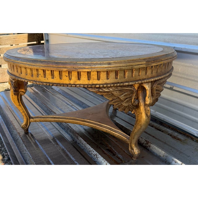 Vintage Neoclassical Style Gilt Wood Coffee Table With Marble Top – French Empire Inspired For Sale - Image 15 of 16