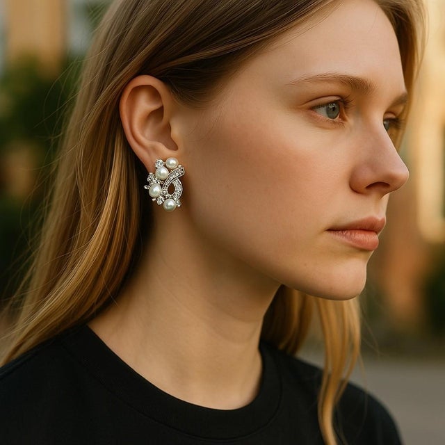 Introducing our exquisite Vintage Mid Century 14 Karat White Gold Diamonds and Pearls 0.75 Carat Clip On Earrings - a...