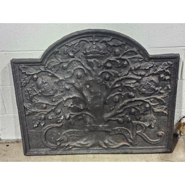 Store Item: Antique 17th Century Large Charles Rex Cast Iron Fireback Oak Tree King Charles II Description: Outstanding...