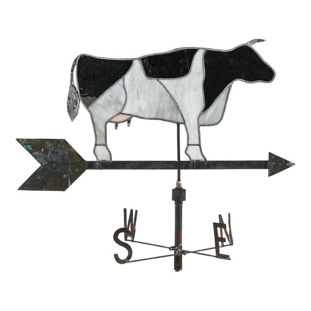 Mid 20th Century Stained Glass Black and White Cow Copper Weathervane Decorative Farmhouse For Sale