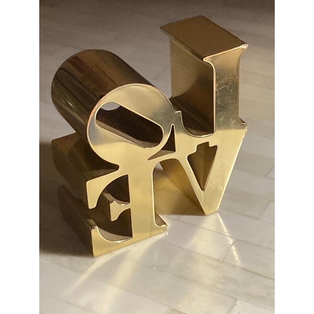 Gold Authentic Vintage 1970s Robert Indiana "Love" Brass or Gold-Tone Paperweight For Sale - Image 8 of 11