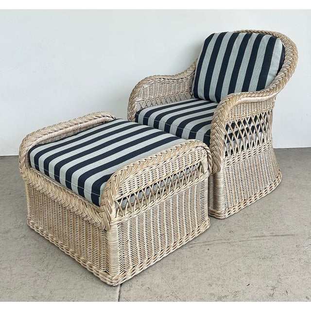 Henry Link 1970s Henry Link Rattan Lounge Chairs, Ottomans, New Sunbrella Upholstery, 2 Pairs For Sale - Image 4 of 18