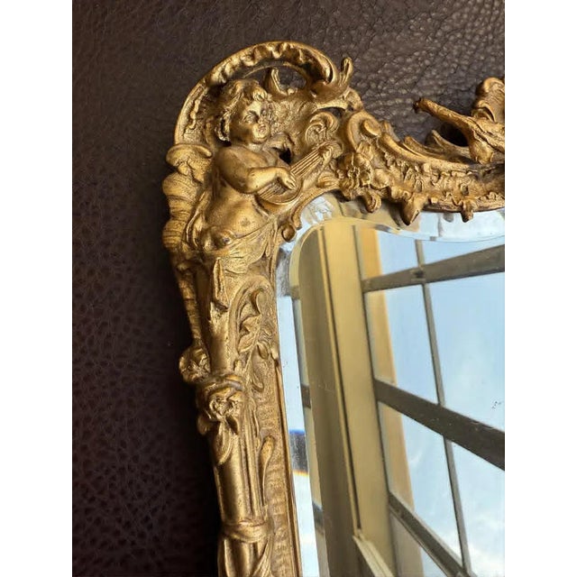 Early 20th Century Antique Italian Rococo-Style Table Mirror With Gilded Metal Frame, Featuring Putti (Cherubs) Decor and Floral Painting For Sale - Image 5 of 13