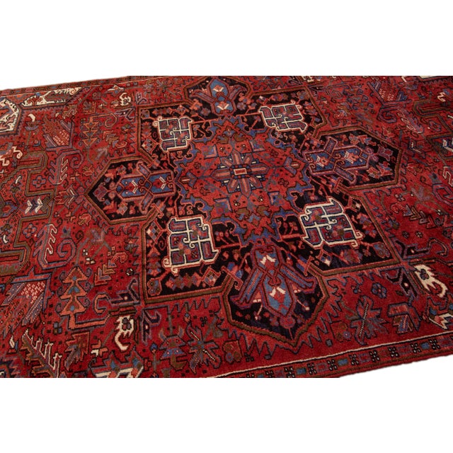Textile Vintage Handmade Heriz Red Medallion Wool Rug 5'7" X 9'3" For Sale - Image 7 of 10