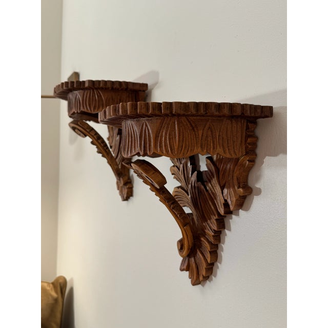 Antique Italian Rococo Revival Hand Carved Solid Wood Wall Shelves, a Pair For Sale - Image 12 of 12