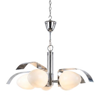 Mid-Century Modern Chrome and Opaline Glass 5-Light Chandelier, 1970s For Sale