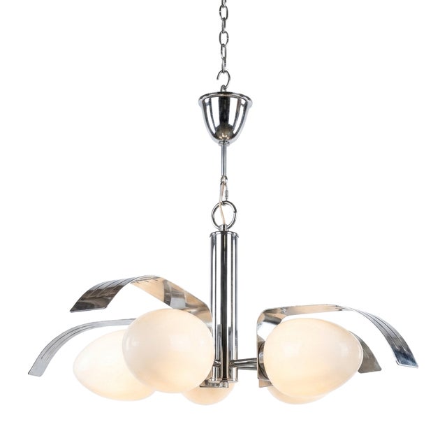 Mid-Century Modern Chrome and Opaline Glass 5-Light Chandelier, 1970s For Sale