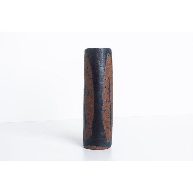 Mid-Century Modern 1960s Tall Tar Glazed Over Bisque Ceramic Vase Signed For Sale - Image 3 of 7