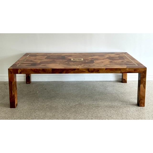 Mid-Century Modern Vintage Patchwork Olive Burl Wood Extendable Dining Table For Sale - Image 3 of 13