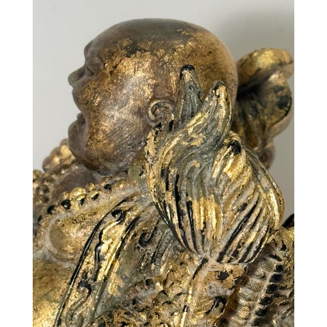 Chinoiserie Late 20th Century Chinoiserie Gilded "Faux Bronze" Laughing Buddha Statue on Wooden Base For Sale - Image 3 of 11