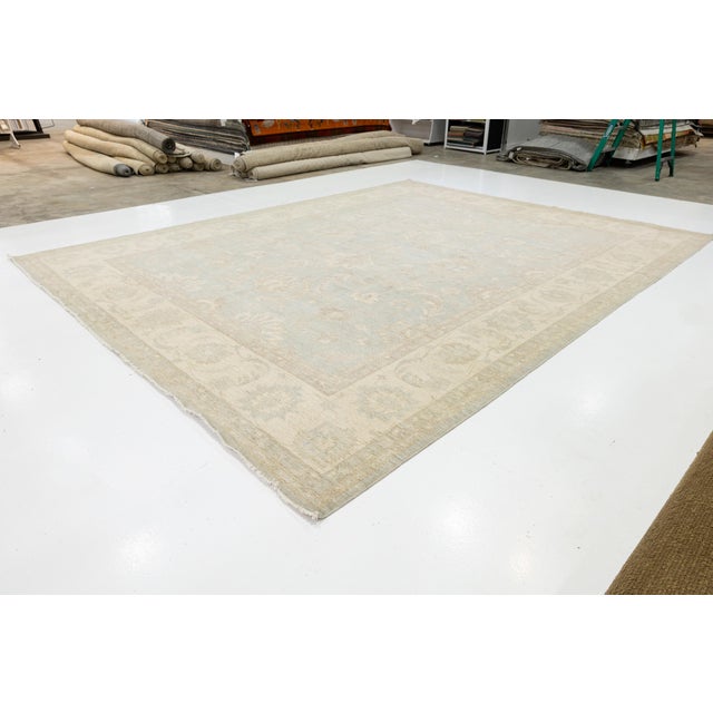Hand-Knotted Modern Peshawar Wool Rug – Muted Light Blue & Cream Floral Design For Sale - Image 11 of 11