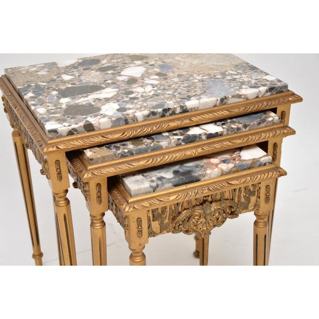 A beautiful antique French gilt wood marble top nest of tables, dating from around the 1930’s. They have a stunning...