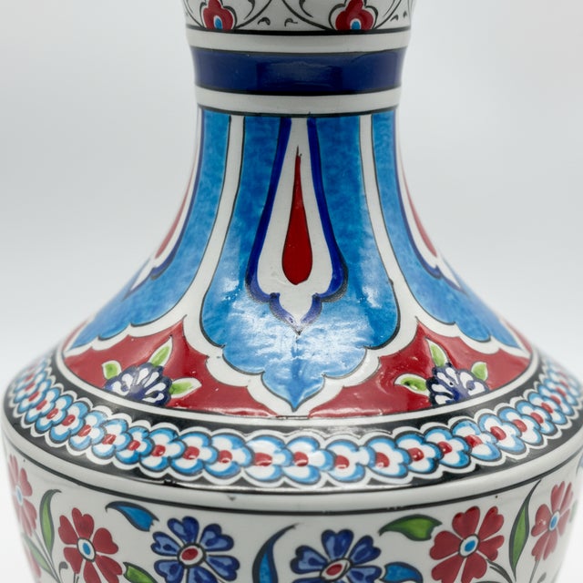 Handmade Ceramic Classic Vase (30cm) – Turquoise Panels & Red Floral Pattern – Mediterranean Summer Decor For Sale - Image 4 of 8