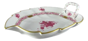 9-3/8" Herend Chinese Bouquet Raspberry Handled Leaf Dish Bowl