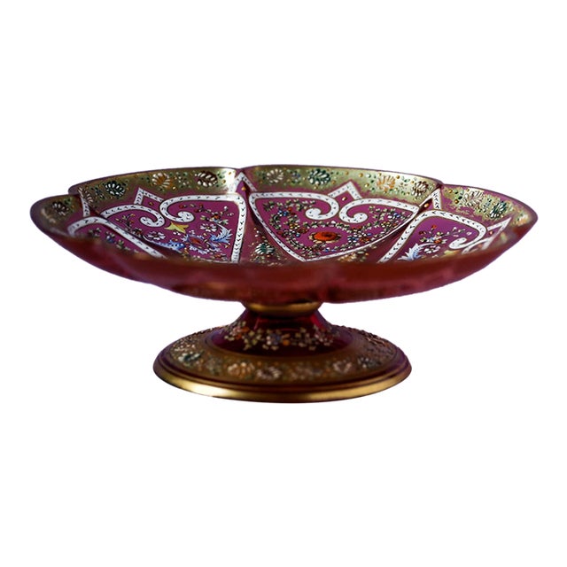 Late 19th Century Moser Cranberry Glass Gilt & Enameled Footed Compote For Sale