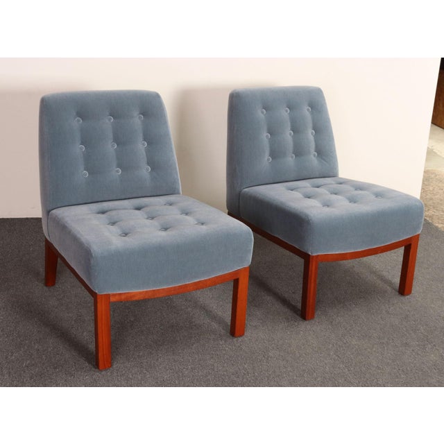 Mid-Century Modern Pair of Mahogany and Blue Mohair Slipper Chairs by Edward Wormley for Dunbar For Sale - Image 3 of 18