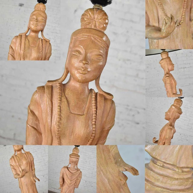 Vintage Hollywood Regency Asian Figural Lamps Style of James Mont W/ Black Tapered Shades - a Pair For Sale - Image 10 of 13