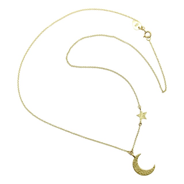 1990s 18k Gold Me & Ro Paisley Moon and Star Necklace For Sale
