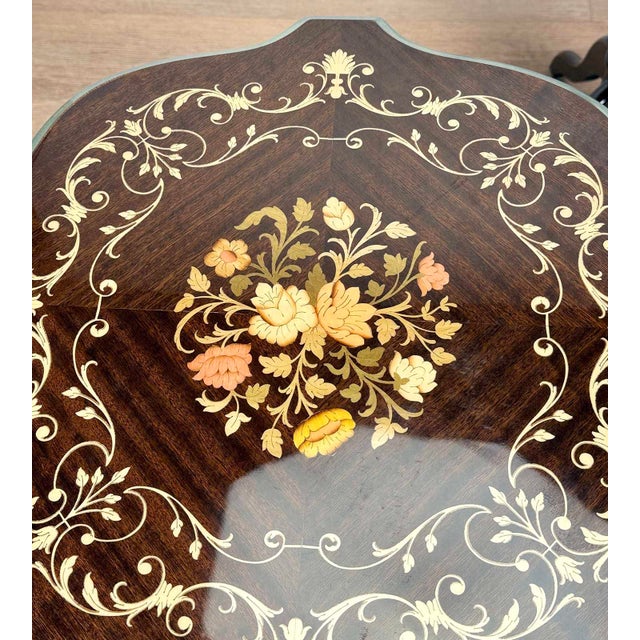 Vintage Italian Rococo Floral Marquetry Fruitwood TurtleTop Side Tables - A Pair For Sale - Image 6 of 10