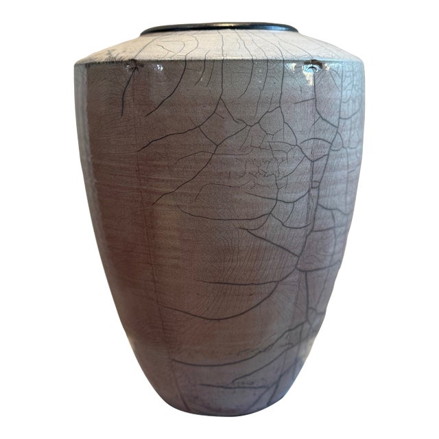 Large Late 20th Century Handcrafted Raku Pottery Vase With Crackle Glaze and Artist Signature For Sale