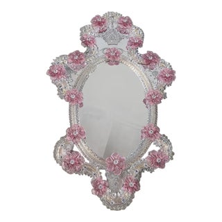 Italian 2000s Venetian Oval Pink Floreal Hand-Carving Mirror in Murano Glass Style For Sale