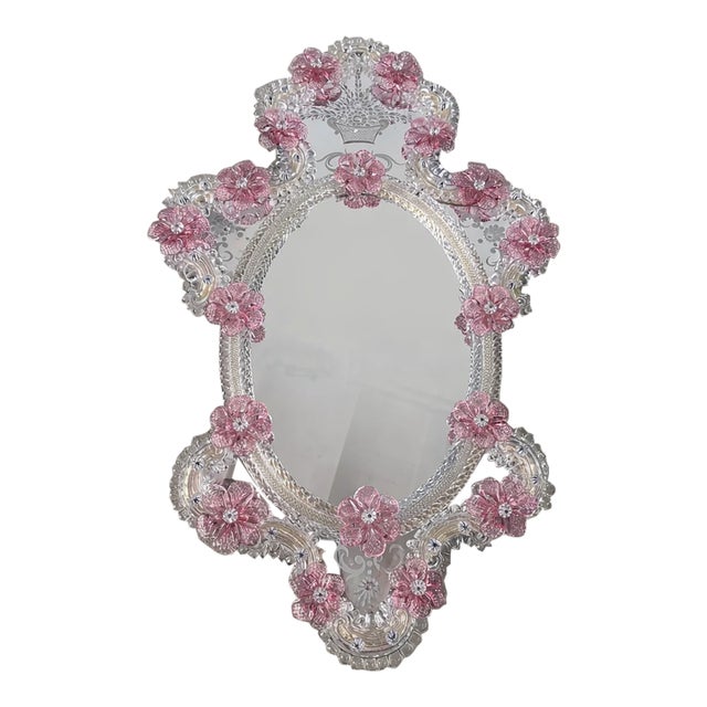 Italian 2000s Venetian Oval Pink Floreal Hand-Carving Mirror in Murano Glass Style For Sale