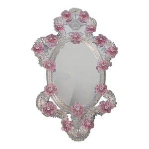 Italian 2000s Venetian Oval Pink Floreal Hand-Carving Mirror in Murano Glass Style