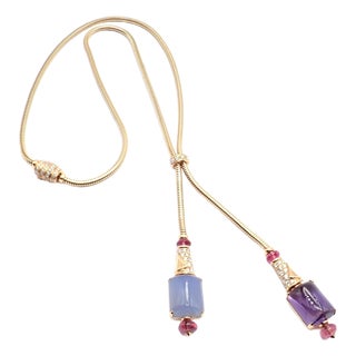 Bulgari Rose Gold Amethyst Chalcedony Tourmaline Lariat Necklace For Sale