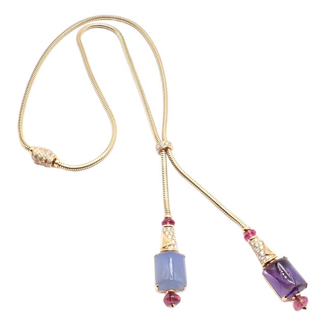 Bulgari Rose Gold Amethyst Chalcedony Tourmaline Lariat Necklace For Sale