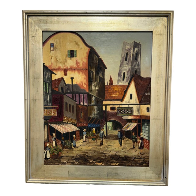 T. Silver Vintage European Village Oil Painting, Signed For Sale